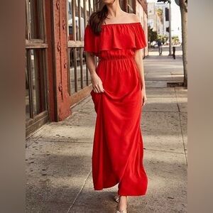 SugarLips Red Holiday Off The Shoulder Maxi Dress Empire Waist XS